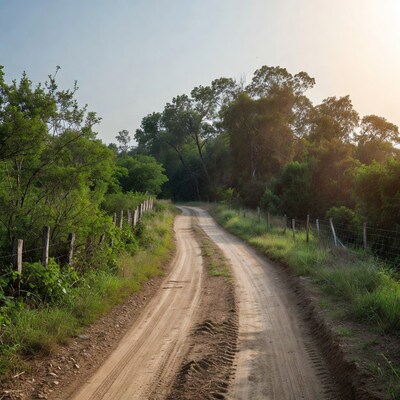 Dirt road through green trees at sunset