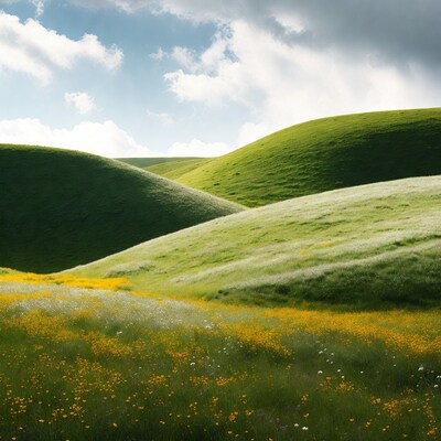Rolling Green Hills with Wildflowers