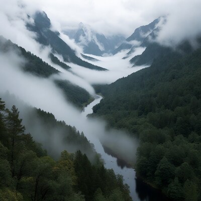 Misty Mountains with River Valley