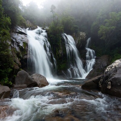Misty waterfall cascading in lush forest
