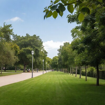 Tree-lined park path with street lamps