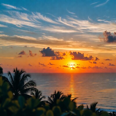 Sunset over ocean with palm trees