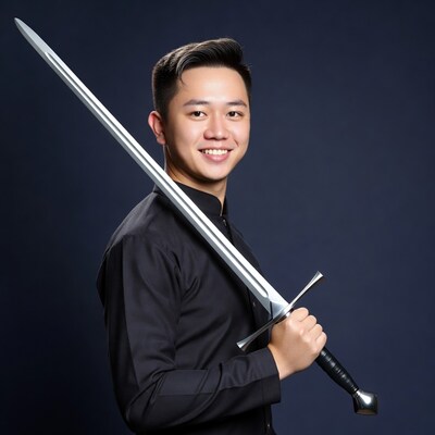 Asian man holding large sword