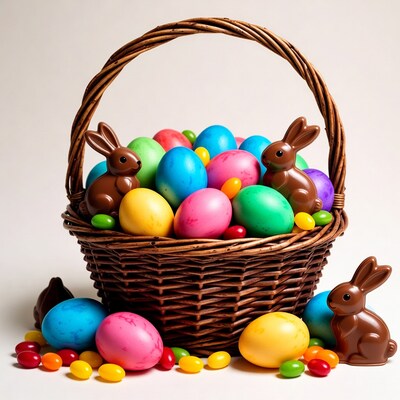 Easter basket with colorful eggs and bunnies