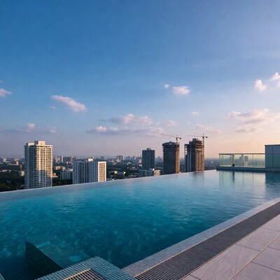 Infinity pool overlooking city skyline