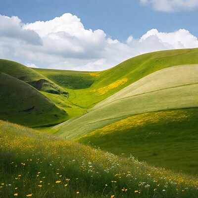 Green hills with yellow wildflowers