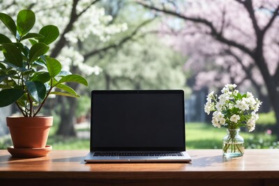Laptop with plants and flowers on table