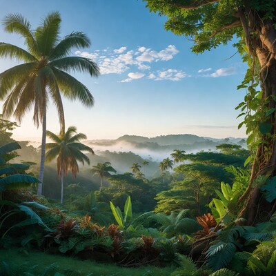 Tropical Jungle with Palms and Misty Mountains