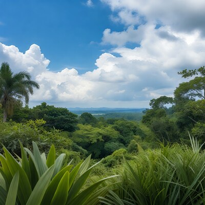 Tropical Jungle View Blue Sky Clouds