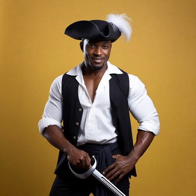 African-American man in pirate costume with sword