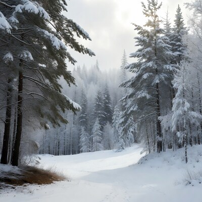 Snowy pine forest path