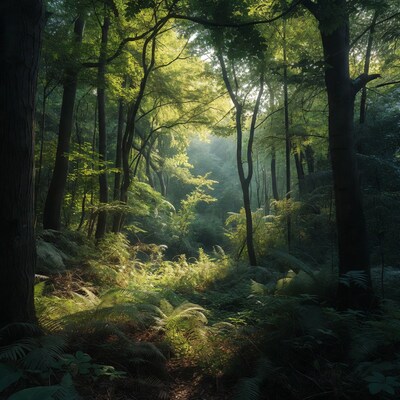 Sunlit Fern Forest Path