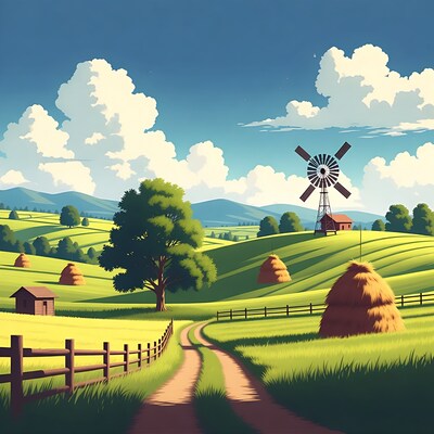 Windmill in rolling green hills