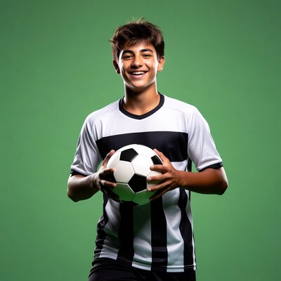 Boy holding soccer ball in jersey