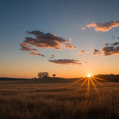 Sunset over hill with trees and grass