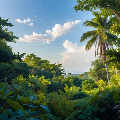 Tropical Jungle with Blue Sky and Clouds