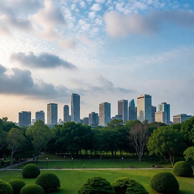 City skyline over green park at dawn