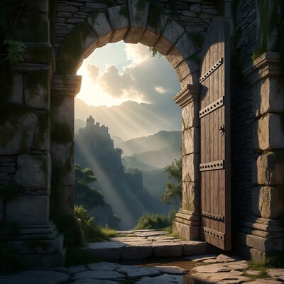 Open archway to mountain castle sunset