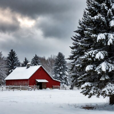 Red barn in snowy landscape