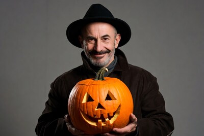 Man holding jack-o-lantern pumpkin
