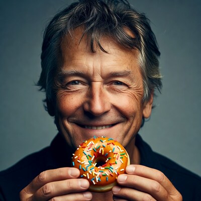 Smiling man holding sprinkled donut