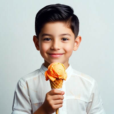 Boy holding orange ice cream cone