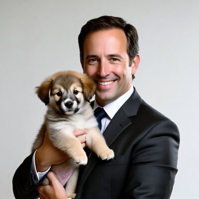 Man holding fluffy puppy in suit