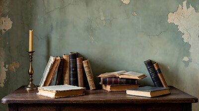 Vintage books and candle on table