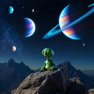 Green alien sitting on rock