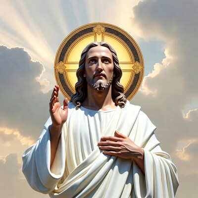 Jesus Christ with halo in clouds