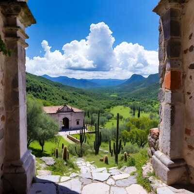 Archway view of mission and valley