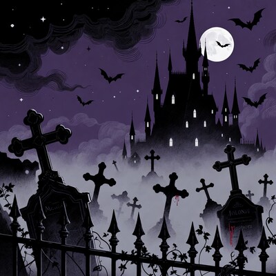 Haunted castle over foggy graveyard