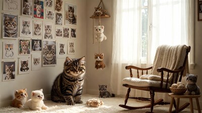 Tabby Cat with Kittens and Toys