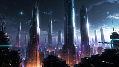 Futuristic Cyberpunk City Skyline at Night