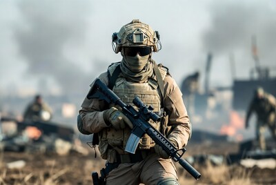 Soldier holding rifle in battlefield