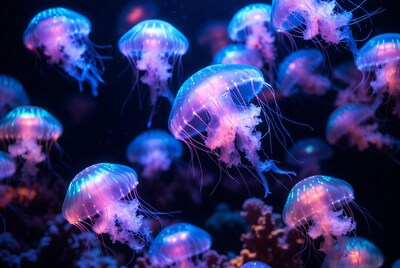 Glowing Blue Jellyfish in Dark Ocean