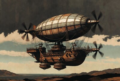 Steampunk Airship Flying Over Mountains