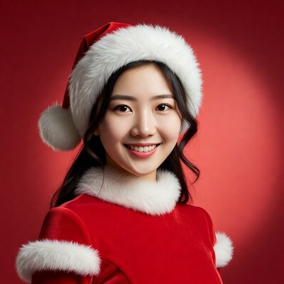 Asian woman in red Santa hat