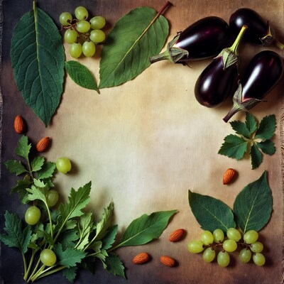 Eggplants Grapes Almonds Leaves Flatlay