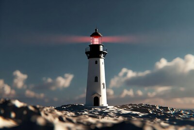 White lighthouse with red beam on rocks