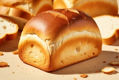 Fresh golden bread loaf with crumbs