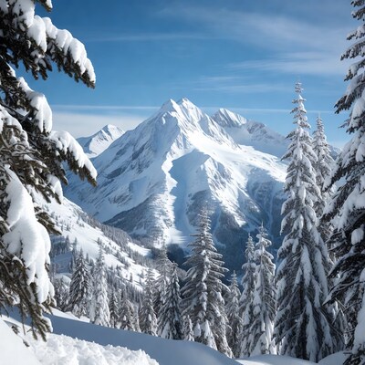 Snowy Mountain Peak with Pine Trees