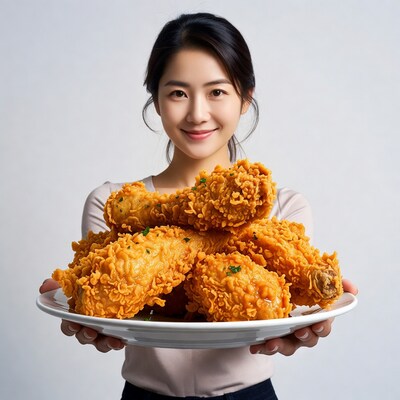 Asian woman holding fried chicken platter