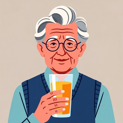 Elderly man holding orange juice glass