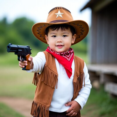 Asian boy in cowboy costume with toy gun