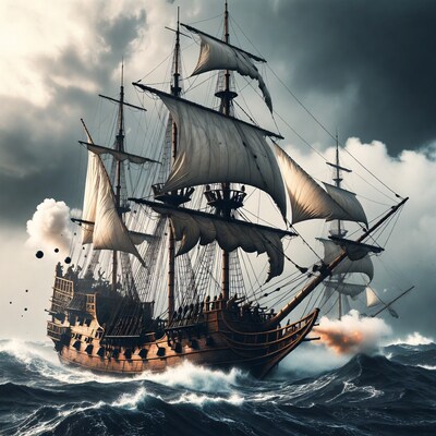 Pirate Ship Firing Cannons in Storm