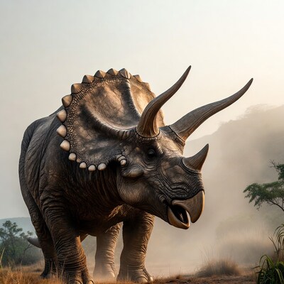 Triceratops dinosaur in misty field