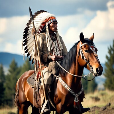 Indigenous man on horse with spear
