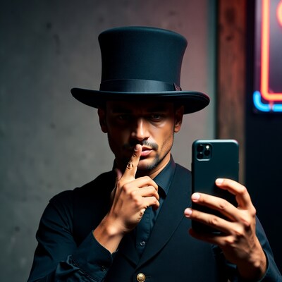 Man in top hat shushing with phone
