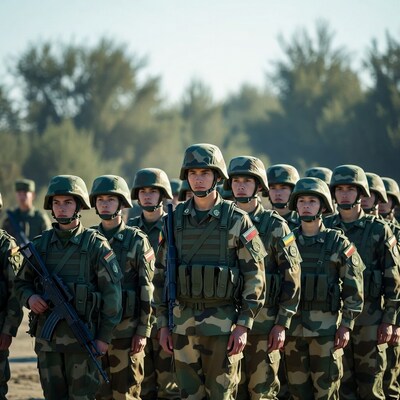 Soldiers in camouflage uniforms standing in formation